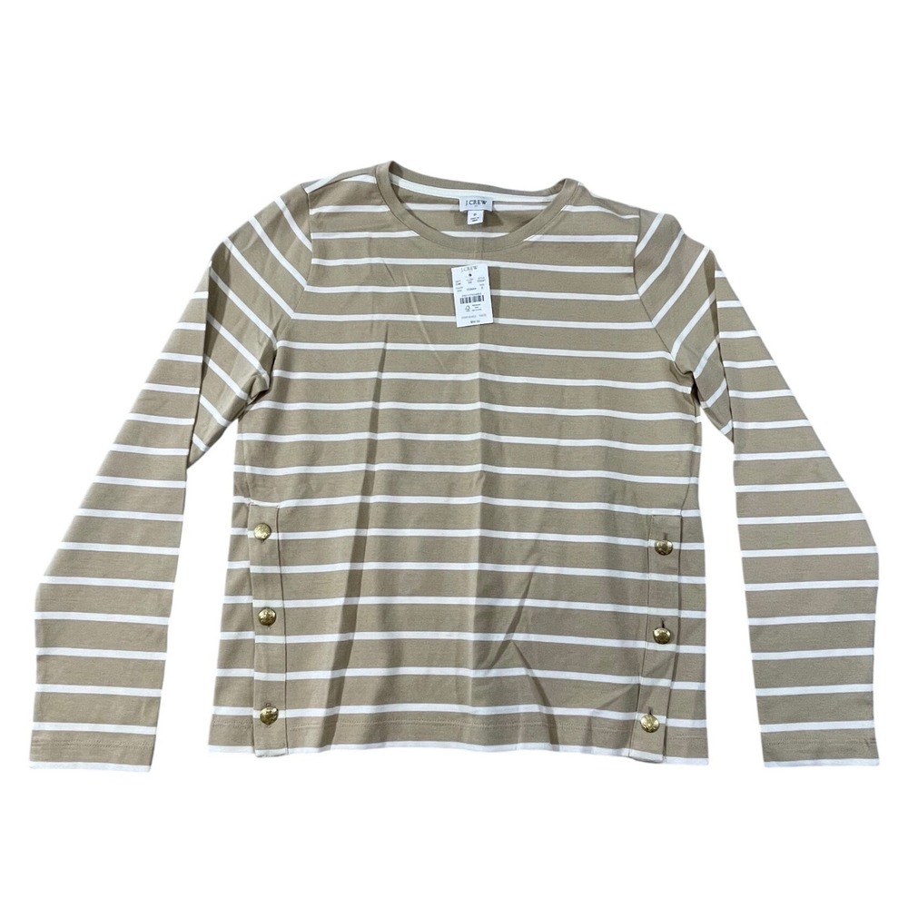 NWT J. Crew Women's Tan Ivory Striped Long Sleeve Side Button Top CG041 Small